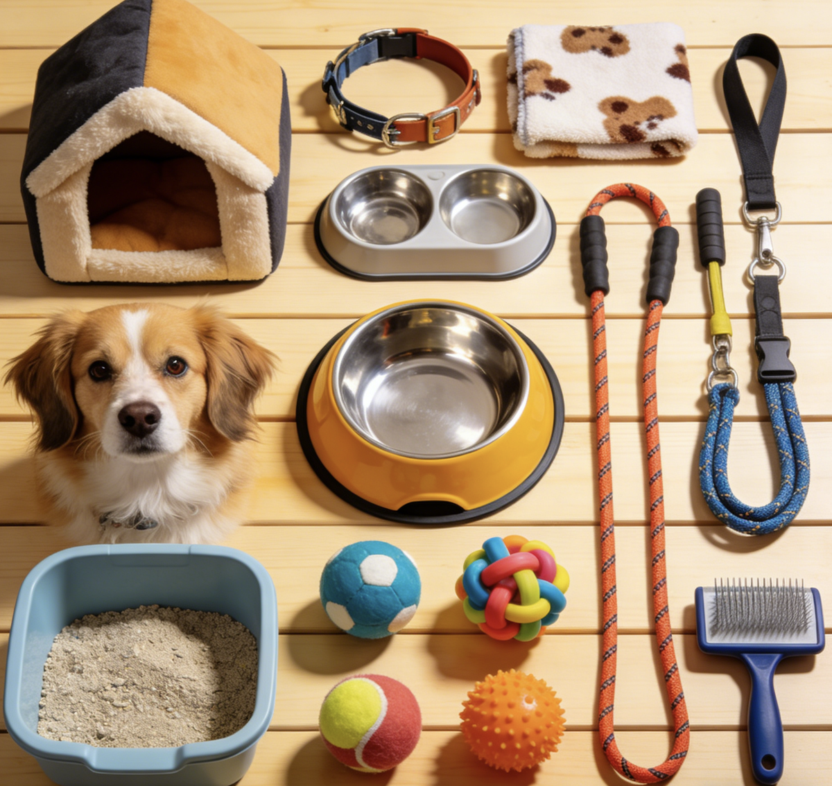 Complete puppy starter kit with chew toys, stainless steel bowls, cozy dog house, and adjustable leash for small to medium dogs.
Everything you need for your new dog: comfortable bed, fun toys, food bowls, and grooming accessories displayed with a cute puppy.