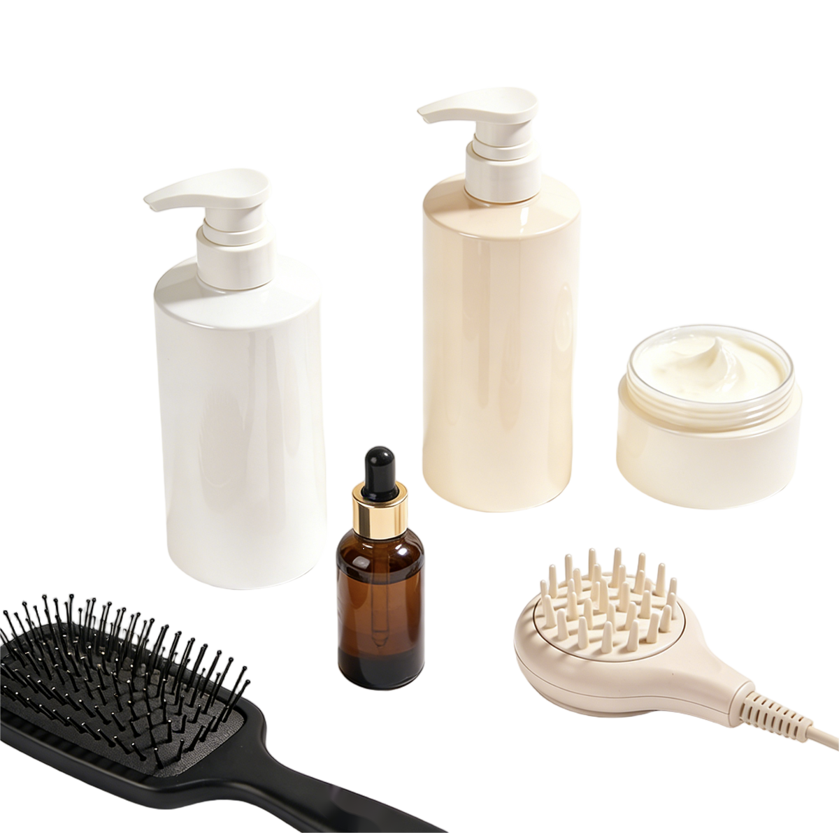 Flat lay of skincare and haircare essentials, including pump bottles, dropper serum, cream jar, scalp massager and comb
Professional hair care routine products layout, minimalist style, transparent PNG for easy background replacement