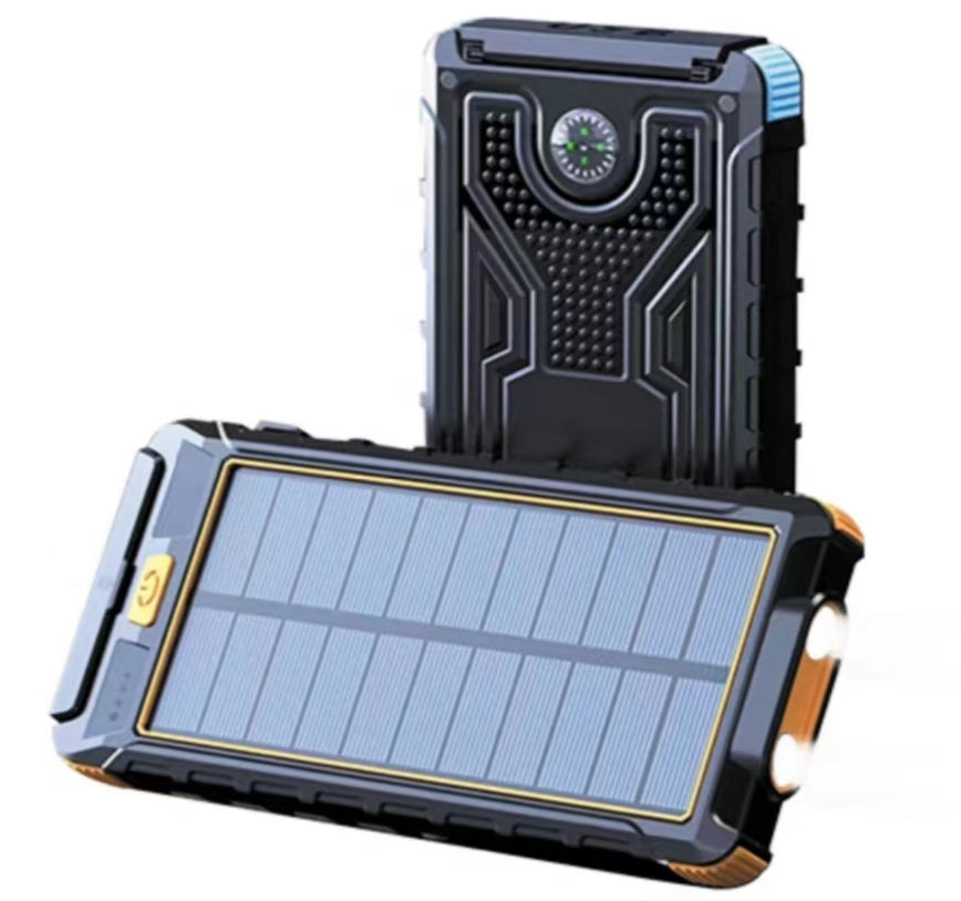 Rugged portable solar charger for camping, hiking, emergency use, high capacity battery pack
Waterproof solar power bank with built-in LED light, compass, and multiple charging ports for smartphones and gadgets