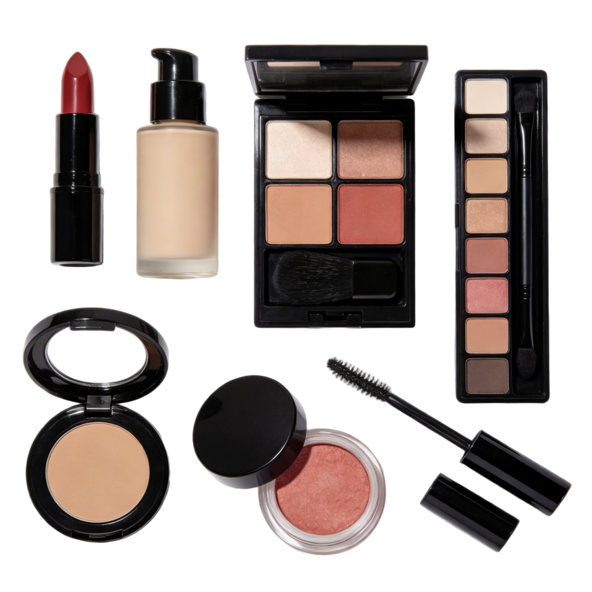 Flat lay of beauty essentials, including lipstick, foundation, eyeshadow palette, blush, mascara, highlighter and bronzer
Professional makeup kit for face and eyes, perfect for daily wear or special occasions
